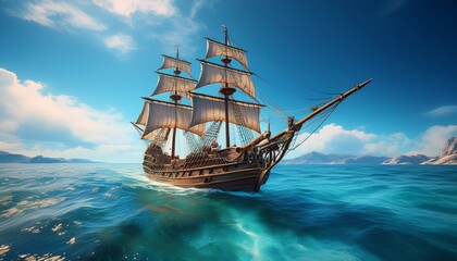 Fototapeta premium around the world sea voyage an ancient medieval wooden sailing ship floats on the waves turquoise water blue sky sunny day