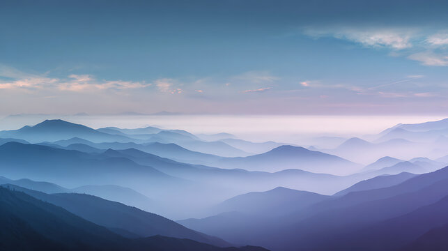 Layered mountain peaks in hazy blue and purple light mountains landscape - Powered by Adobe
