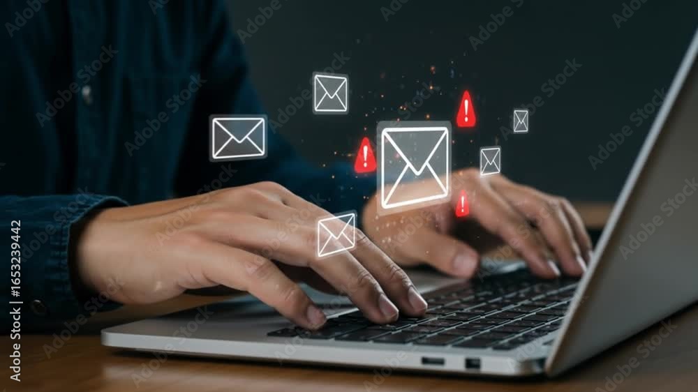 Poster person typing on laptop keyboard with email icons and alert symbols floating above the hands and com
