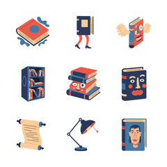 Funny Cartoon Books and Library Objects Vector Set