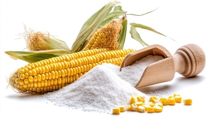 Corn and Starch Still Life: Golden Ears, Wooden Scoop, and Isolated Kernels on White