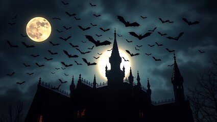 Fototapeta premium A spooky castle silhouette with bats flying around it under a full moon at night halloween scene
