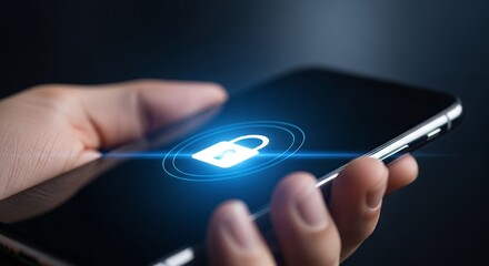 Mobile Security: Hand Holding Smartphone with Digital Lock Icon for Data Protection and Privacy