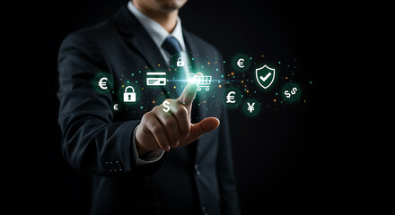 Businessman touching shopping cart icon on virtual screen, online ecommerce retail store, cyber security protection, data privacy, internet network system, digital technology concept