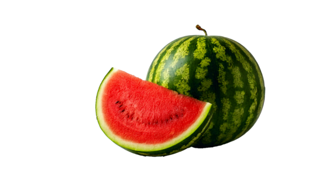 Watermelon, transparent PNG format, realistic style, high resolution, isolated object with clean edges, no background, vivid colors, natural texture, fresh appearance, perfect for digital design, food