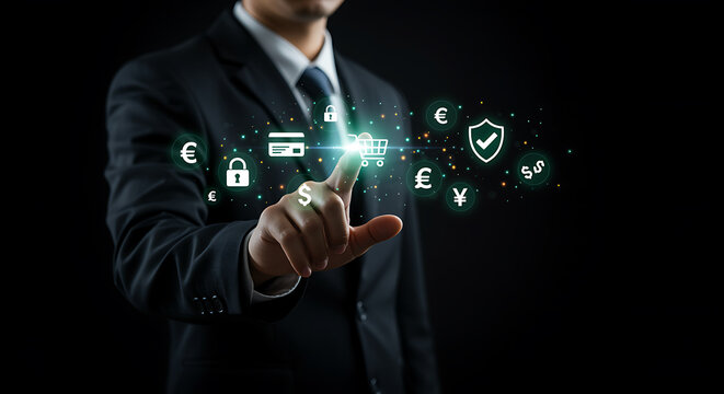 Businessman touching shopping cart icon on virtual screen, online ecommerce retail store, cyber security protection, data privacy, internet network system, digital technology concept