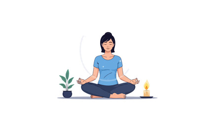 Serene Meditation Illustration Featuring a Woman in Lotus Position Surrounded by Calming Elements for Wellness and Mental Health Projects