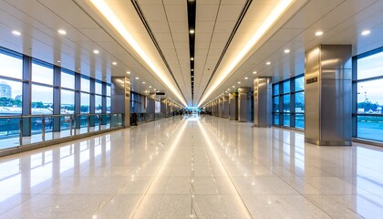 Empty modern hallway with large windows