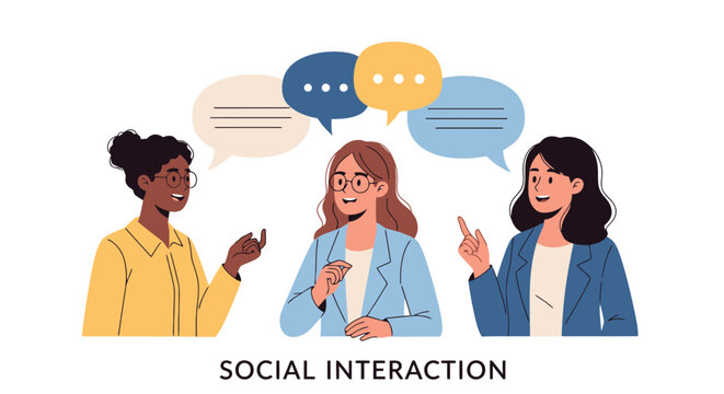 Diverse Women Engaging in Collaborative Discussion with Speech Bubbles, Ideal for illustrating teamwork, communication, and social dynamics in educational or professional contexts.