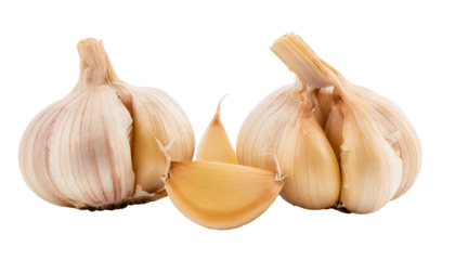 Garlic displayed in transparent PNG format, presented in realistic style with high resolution, isolated and detailed with clean edges, no background, vivid natural colors, authentic texture, freshness