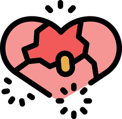 Broken heart with bandage falling apart, symbolizing sadness, pain, and emotional distress