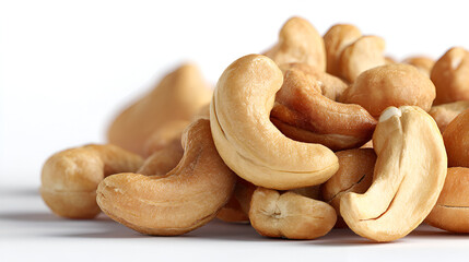 Close-up image showcasing the texture and natural color variations of a pile of cashew nuts on white.