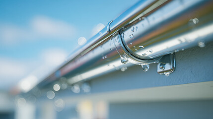 Naklejka premium Close-up of a rain-covered gutter with water droplets and a blurred sky background
