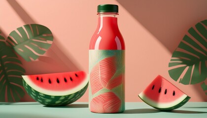 style watermelon juice bottle with minimalist label abstract summer pattern on pastel background perfect for product packaging mockups featuring a clean layout