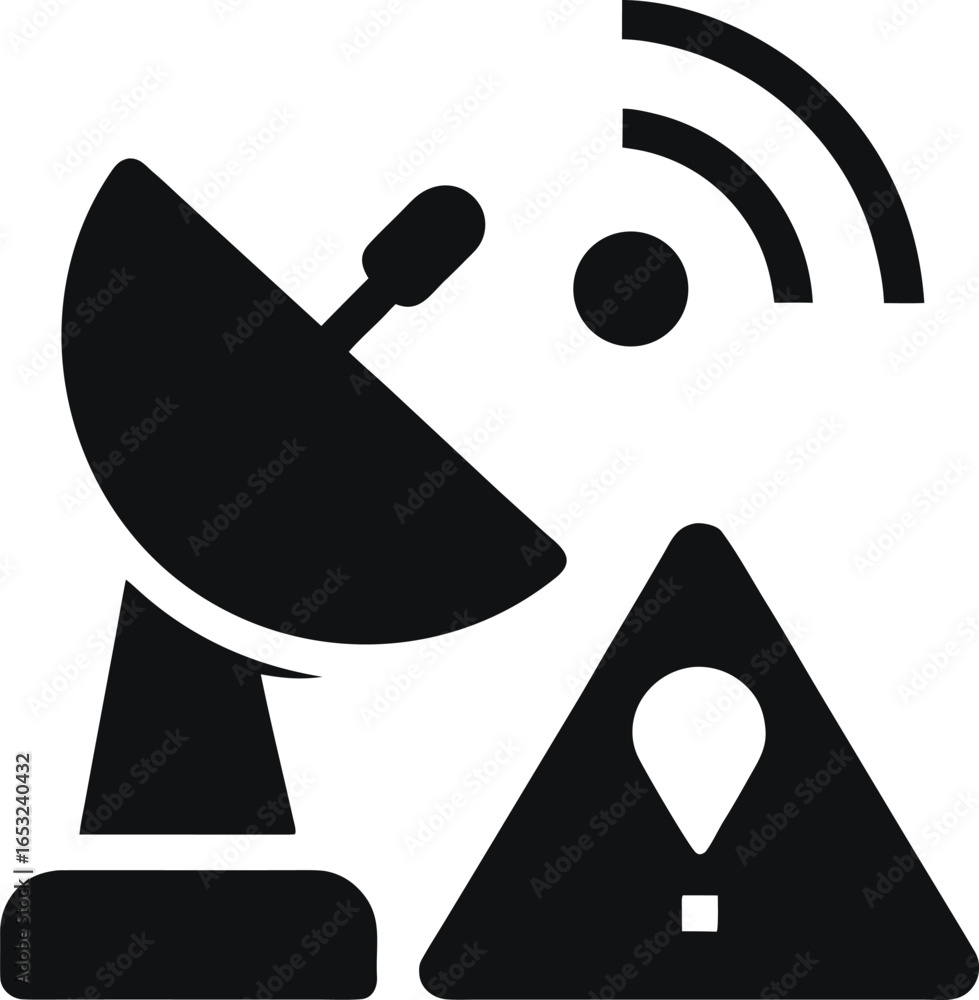Poster satellite dish with signal and warning symbol indicating communication problem isolated on white bac