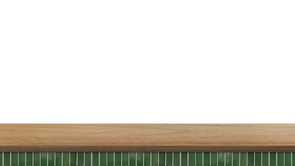 Minimal cozy wooden countertop with green mosaic tile bar mockup design for product presentation isolated on background with clipping path. 