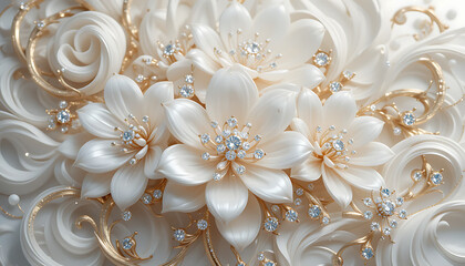 Elegant White Pearl Flowers with Diamonds and Gold Ornaments.