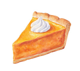 Watercolor pumpkin pie slice with whipped cream, Thanksgiving dessert, fall food