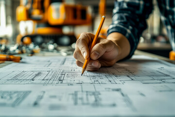 Construction blueprint drawing with a person's hand holding a pencil in a workshop setting