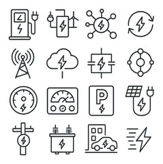 Electric vehicle icons set featuring charging, cloud, and solar power symbols