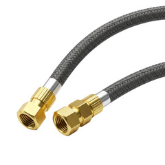 Two gray braided hoses with brass fittings are presented against a black background.