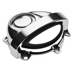 High-gloss chrome engine cover displays intricate curves and a highly reflective surface.