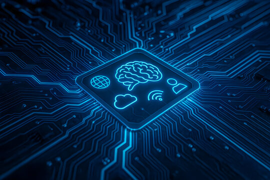 Artificial intelligence concept with brain icon on circuit board background