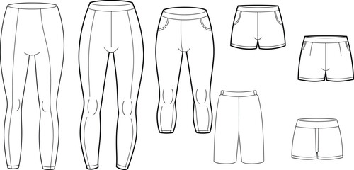 PrintActivewear leggings and shorts technical fashion sketch, front and back view, sportswear vector illustration, flat template for fitness, workout apparel design
