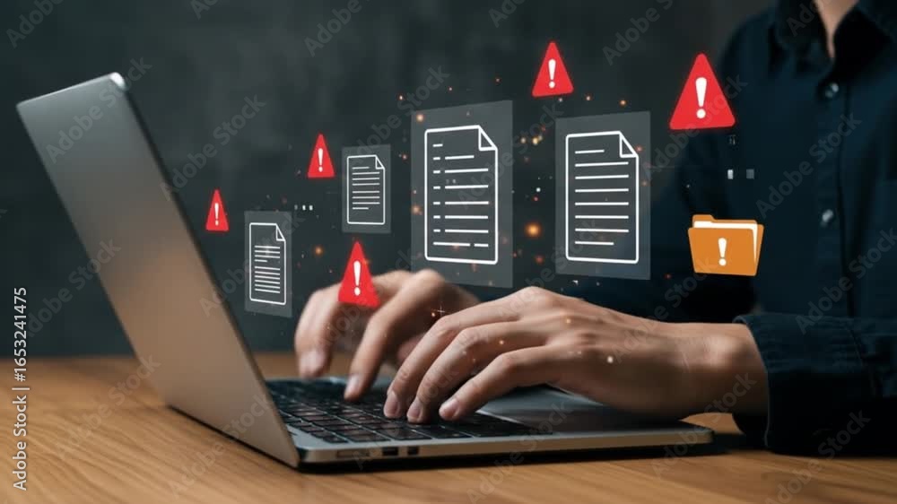 Poster person typing on a laptop with document icons and warning signs floating above the keyboard on wood 