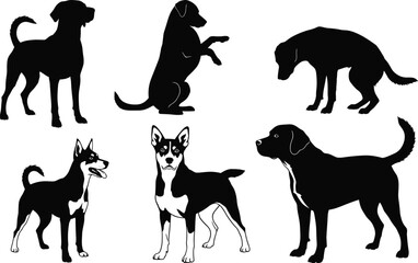PrintBlack and white silhouette vector of six dogs in various poses, standing, sitting, begging, sniffing, showcasing diverse canine posture illustration