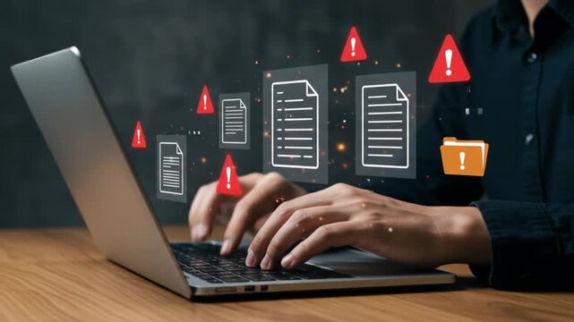 Person typing on a laptop with document icons and warning signs floating above the keyboard on wood table