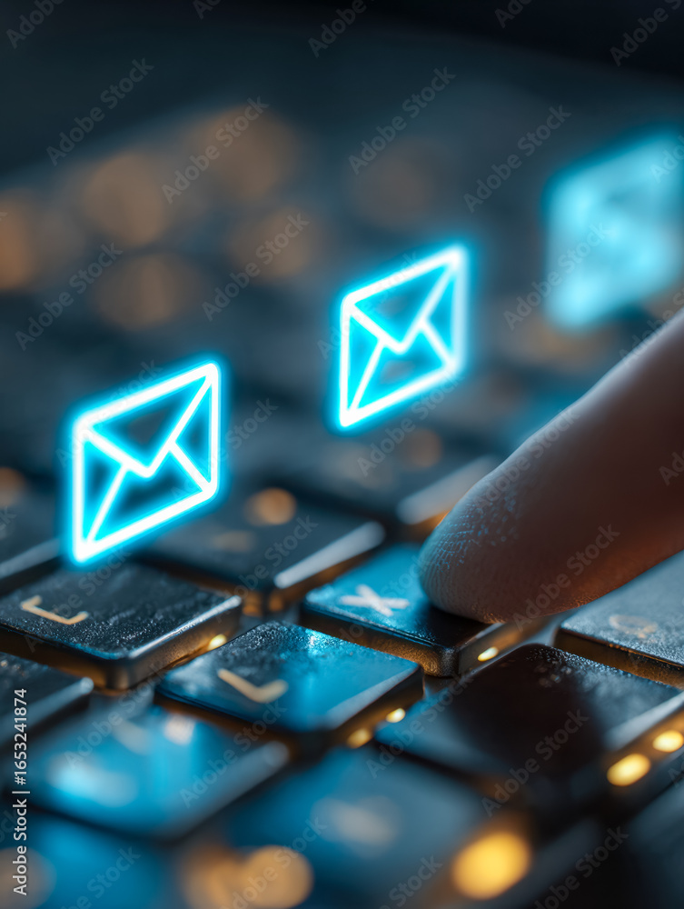 Poster digital concept of sending email messages on a keyboard with illuminated icons
