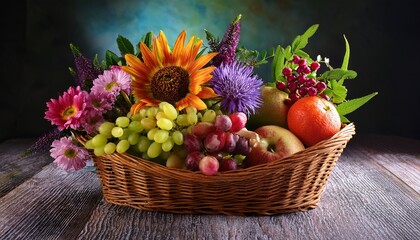 detailed still life of fruit and flowers in a basket