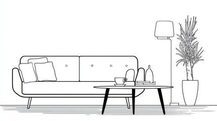 Minimalist line drawing of a living room featuring a couch, table, plant, and lamp
