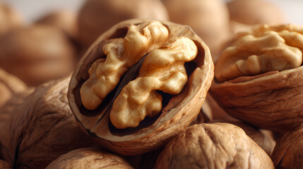Walnuts in a close-up display, one walnut has been cracked open to show its nut inside.