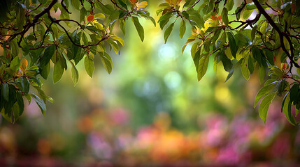 Lush green leaves framing a vibrant blurred garden scene branches blurred background nature
