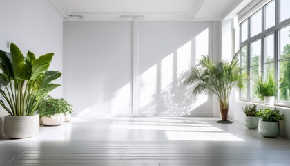 Obraz premium pure white minimalist space with crisp white windows and lush green plants embracing a clean and fresh ambiance