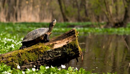Fototapeta premium Turtle on log in a marsh