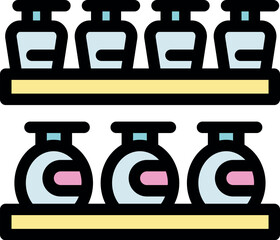 Colorful nail polish bottles and round jars arranged on shelves, representing beauty products, cosmetics, and retail display