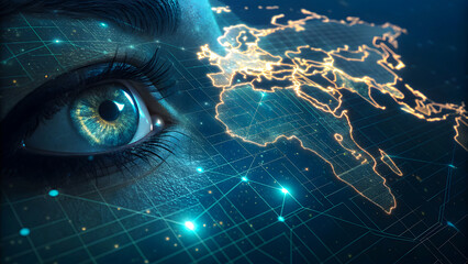 Global vision and AI concept with eye and futuristic world map data