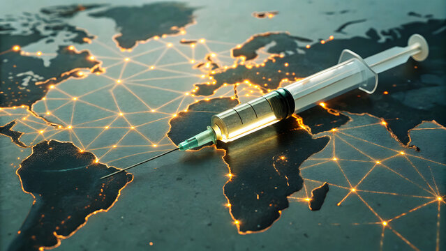 Global vaccination concept with syringe on a glowing world map network