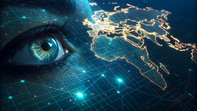 Global vision and AI concept with eye and futuristic world map data - Powered by Adobe