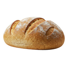 A single, artisanal loaf of bread, angled to display its textured crust and visible cuts, sits against a plain black background.