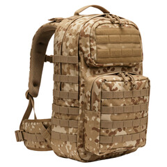 A durable, tactical backpack showcases a desert camouflage pattern with numerous pouches and straps.
