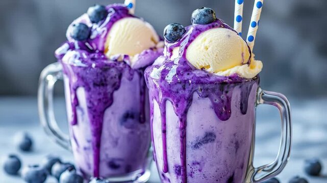 Delicious blueberry milkshakes topped with scoops of vanilla and blueberry ice cream, fresh berries, and purple syrup, served in glass mugs.
