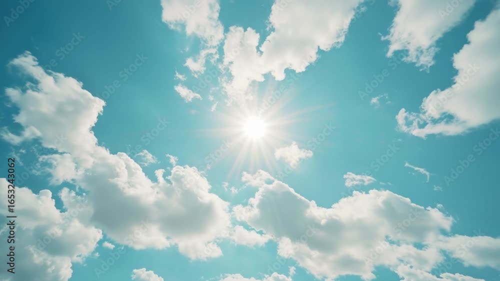 Poster a clear and bright day with sunshine filtering through white clouds, often used for cheerful and opt