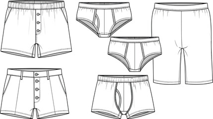 PrintMen’s underwear vector set, boxer briefs and shorts template, technical fashion illustration, flat sketch design, clothing apparel drawing, garment CAD outline