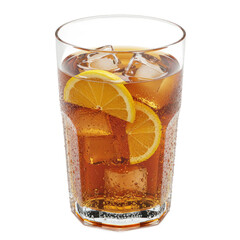 Refreshing iced tea with lemon slices in a glass tumbler.