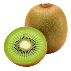 A whole and a slice of a vibrant, fresh kiwi, showcasing the beautiful contrast of green and light brown, set against a stark black backdrop.