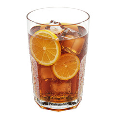 Refreshing iced tea, garnished with vibrant lemon slices, in a clear glass, displays a cool, summery mood.